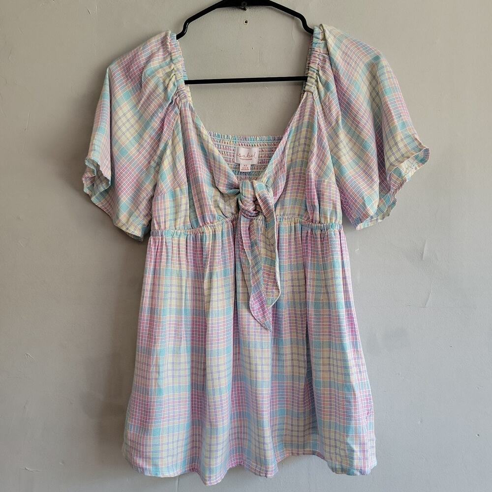 NEW women's Maternity XS Ingrid Isabel pastel plaid flowy tie ruched bust shirt